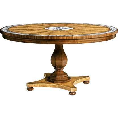 Vermeer Round Pedestal Dining Table by Jonathan Charles in brown and natural cerejeira. Made from alder, crotch cerajeria veneers, quartered acacia veneers in a traditional style.