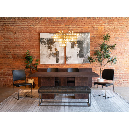 Melbourne Iron and Black Leather Bench by World Interiors in black and natural. Made from reclaimed iron top, top grain leather in a unique style.