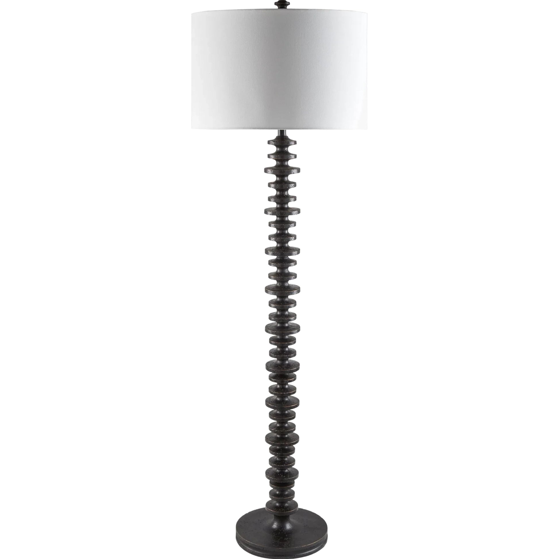 Merrill Accent Floor Lamp by Galey Alix x Livabliss in body: black; base: black; shade: white; finial: black; harp: metallic - brass; cord: translucent and painted. Made from resin, linen in a unique style.