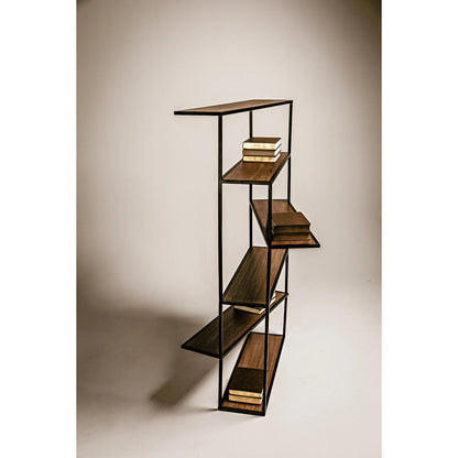 Verso Bookcase by Noir in dark walnut, matte black. Made from industrial steel and veneer shelves in a modern style.