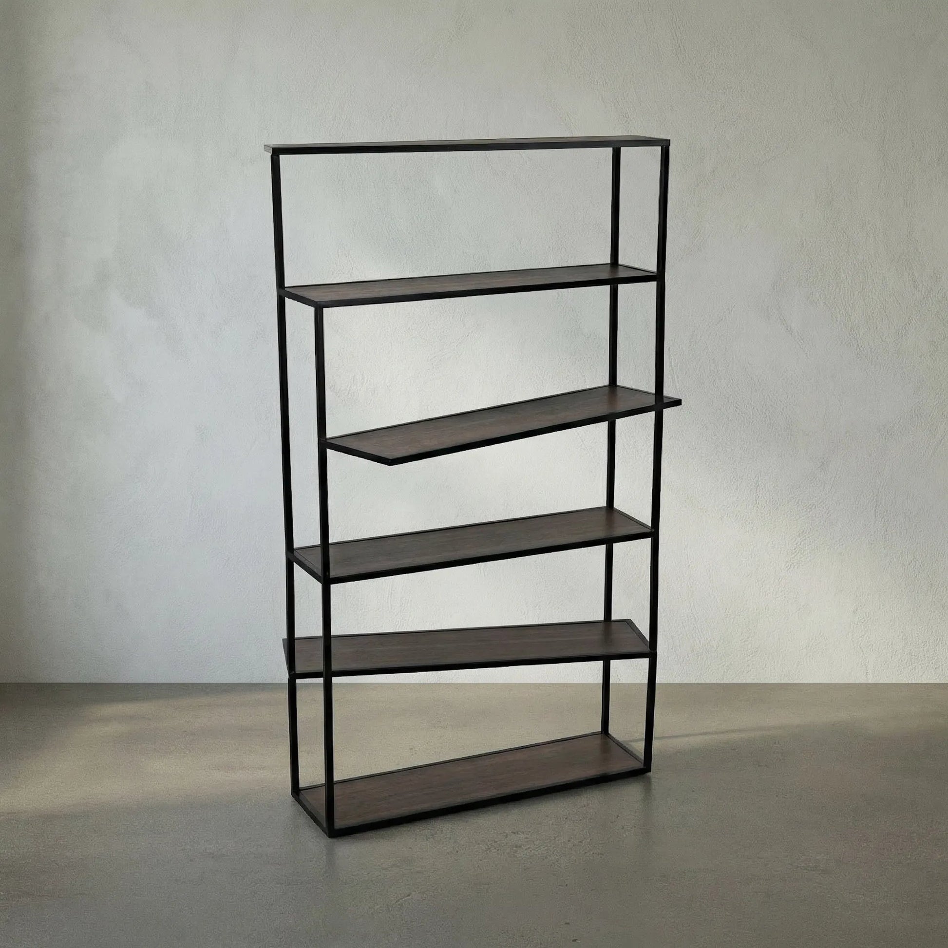 Verso Bookcase by Noir in dark walnut, matte black. Made from industrial steel and veneer shelves in a modern style.