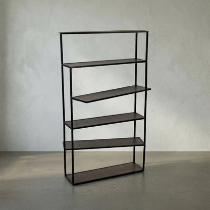 Verso Bookcase by Noir in dark walnut, matte black. Made from industrial steel and veneer shelves in a modern style.