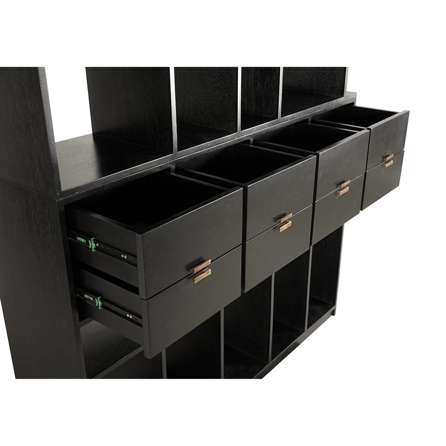 007 SI-2513485 | Closeup | Grobius Bookcase by Noir in hand rubbed black. Made from mahogany, veneer, brass pull in a modern style.