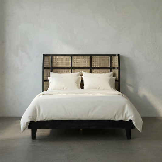 Porto Bed A with Headboard & Frame by Noir in hand rubbed black. Made from mahogany and caning in a cottage & farmhouse style.