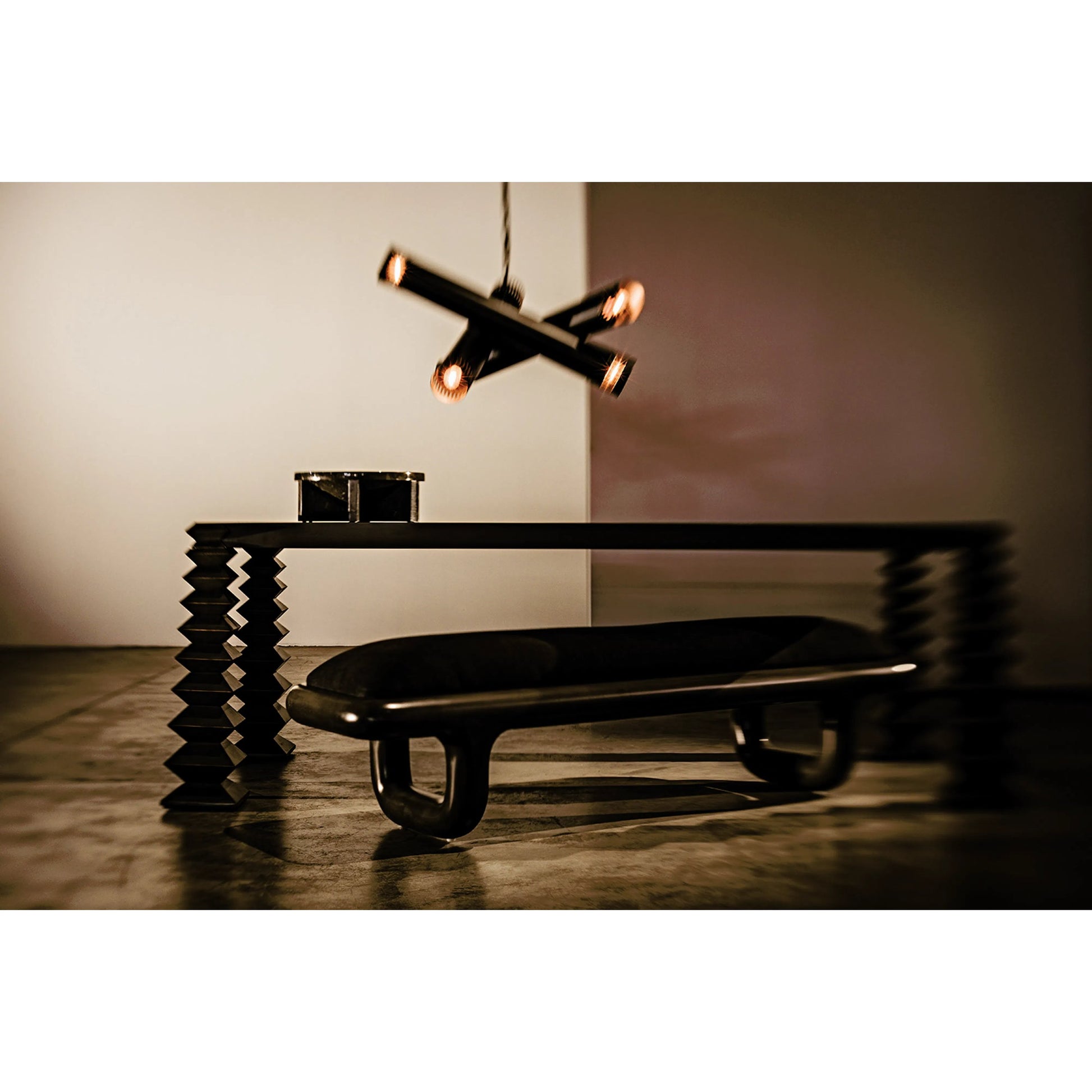 Sigmund Bench by Noir in pale. Made from mahogany and black cotton in a modern style.