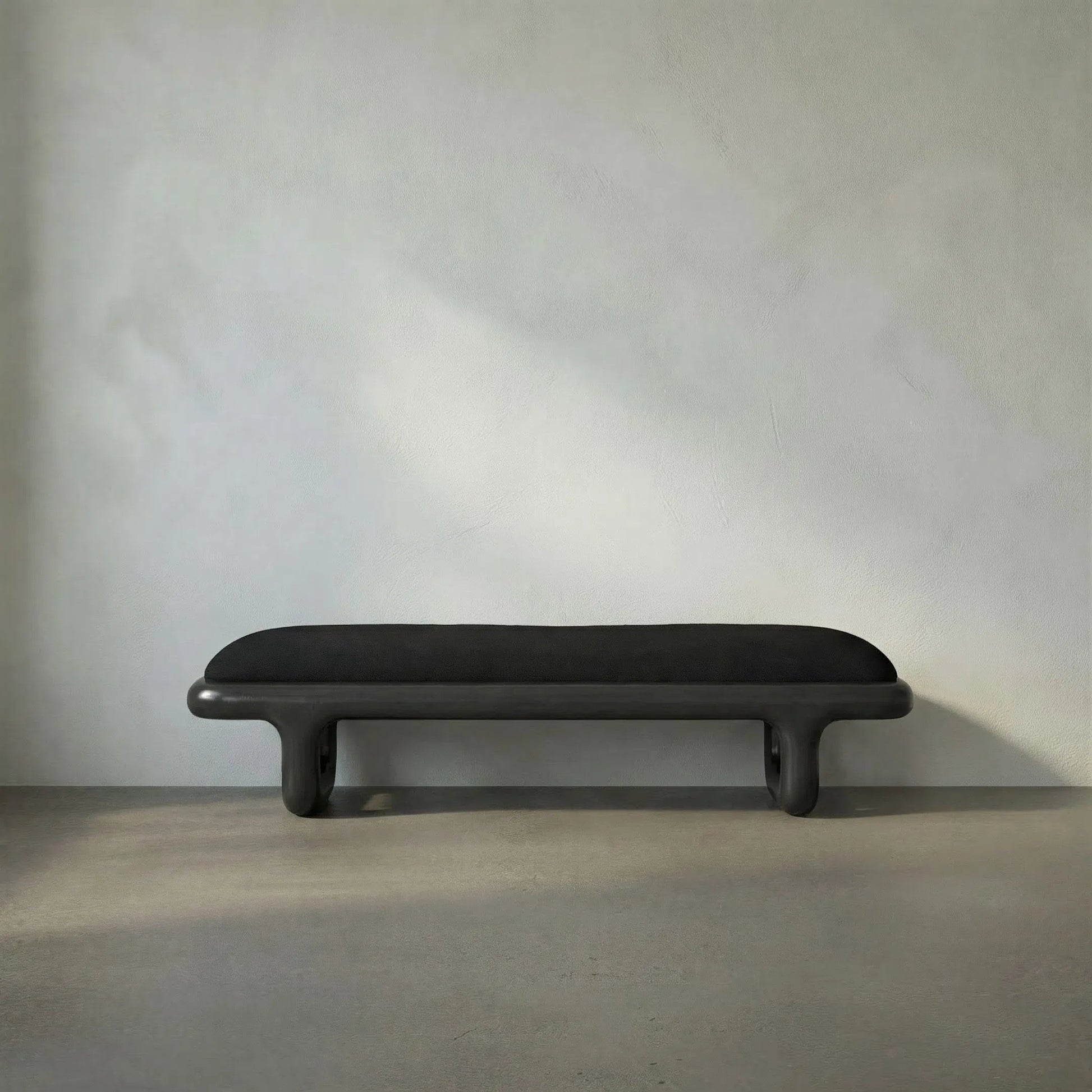 Sigmund Bench by Noir in pale. Made from mahogany and black cotton in a modern style.