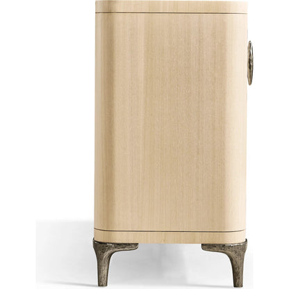 Water Breaker Mixed Media Credenza by Jonathan Charles in beige and ash blonde. Made from dyed koto veneer, bone, leather, metal in a transitional style.