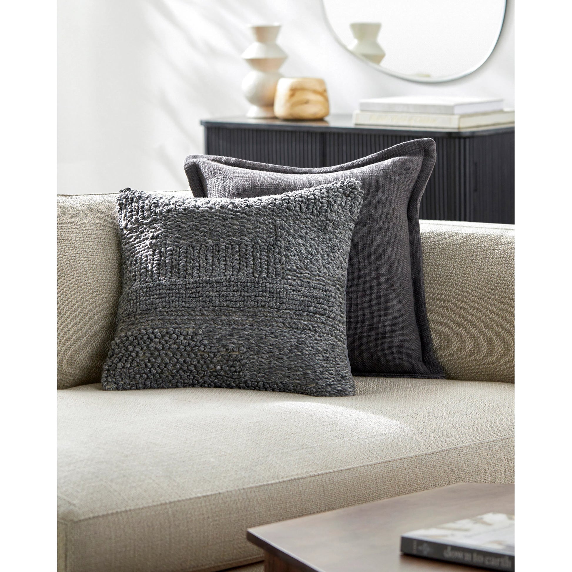 Gabon Indoor/Outdoor Pillow by Surya in gray, medium gray. Made from front: 100% polyester, back: 100% polyester in a modern style.