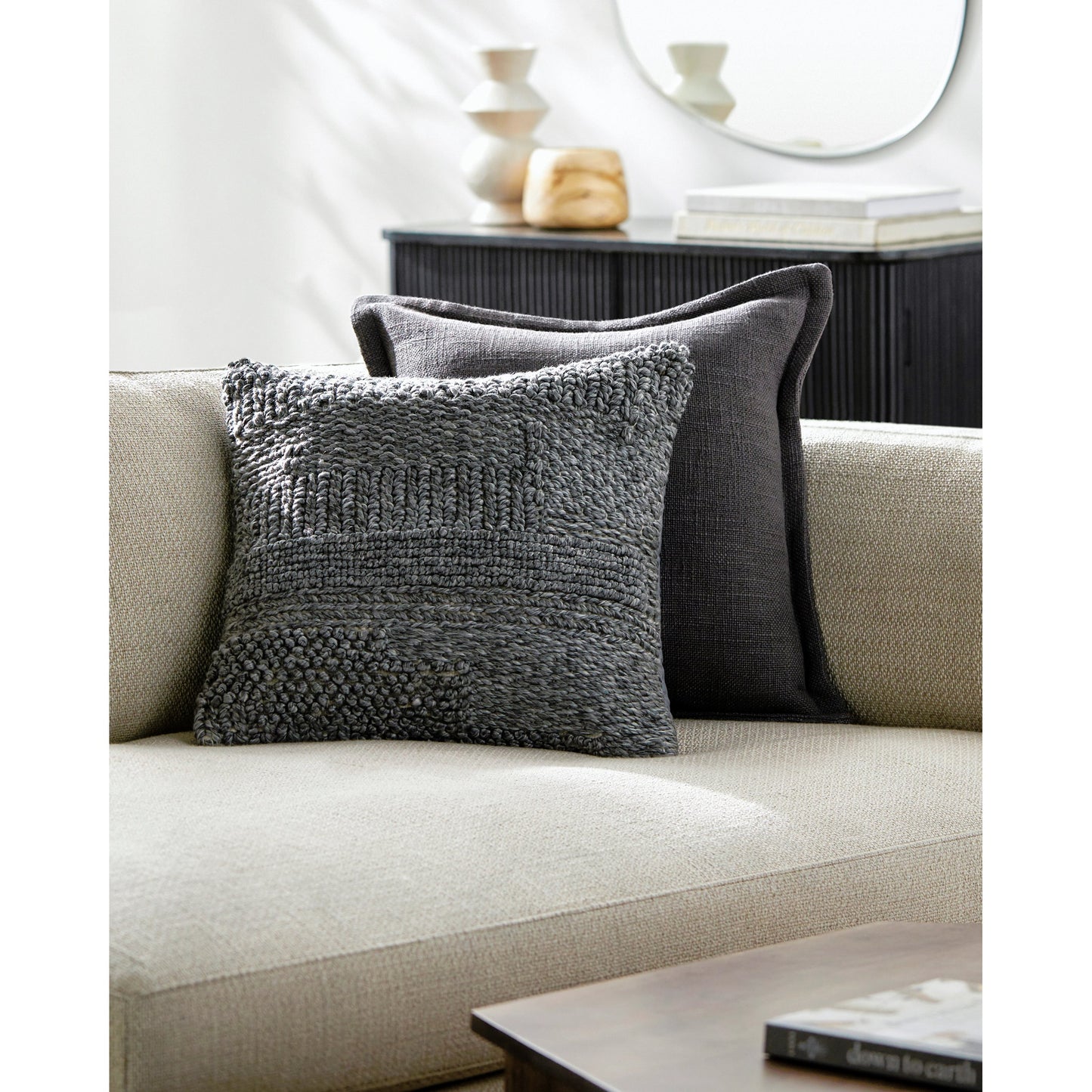 003 SI-2049352,SI-2049353,SI-2049355,SI-2049356,SI-2049358,SI-2049359 | Lifestyle | Gabon Indoor/Outdoor Pillow by Surya in gray, medium gray. Made from front: 100% polyester, back: 100% polyester in a modern style.