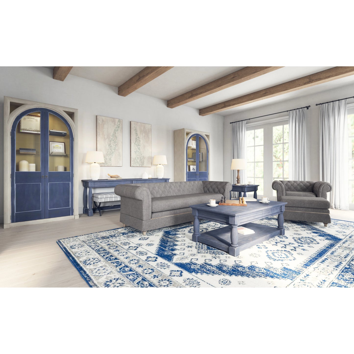 010 SI-2155749 | Lifestyle | Alcove Display Cabinet by A.R.T. Furniture in belgian ivory, slate blue. Made from acacia solids, maple veneers, glass, linen, metal in a modern style.