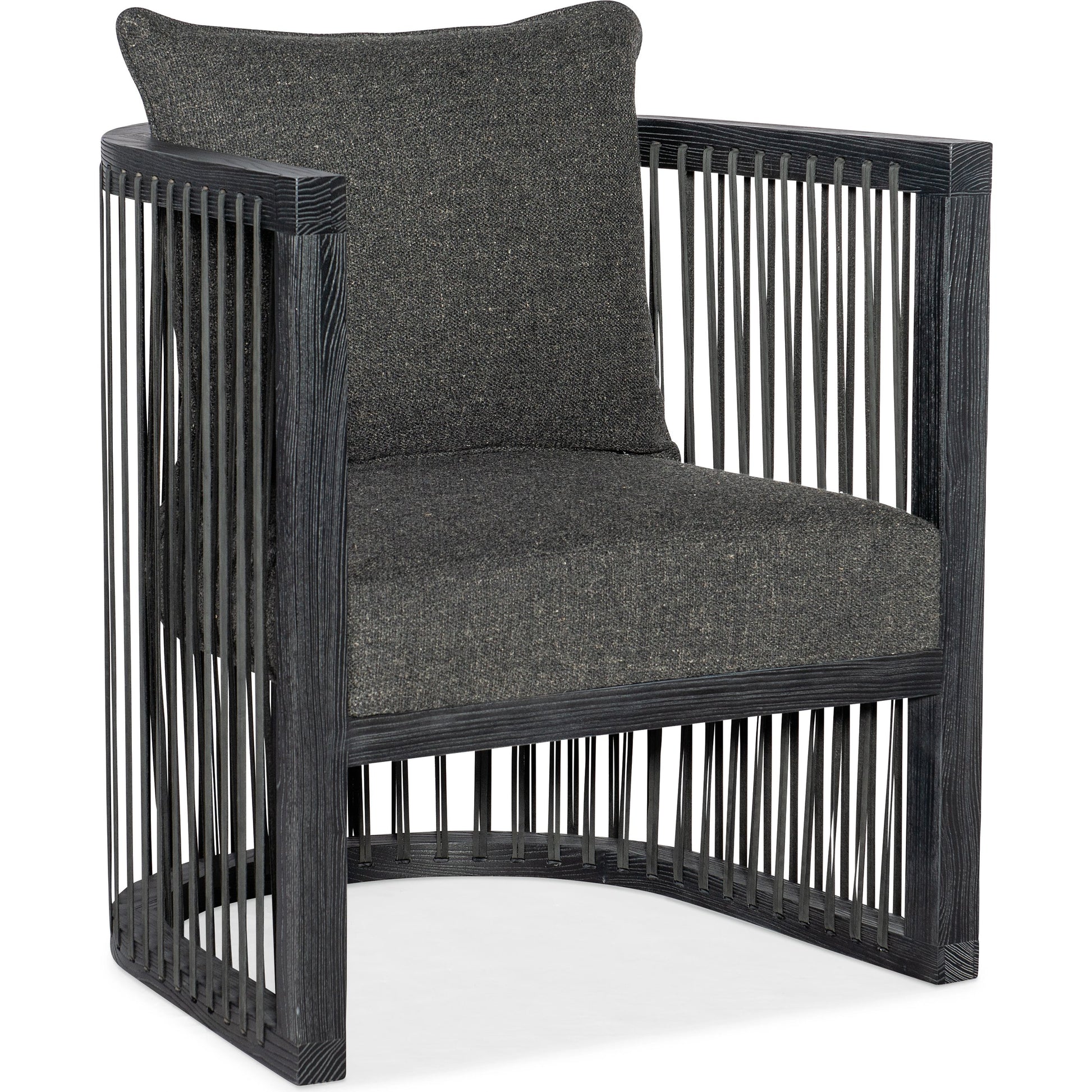 Wilde Club Chair by Hooker Furniture in lovegood kohl and charred black. Made from fabric, leather strapping in a modern style.