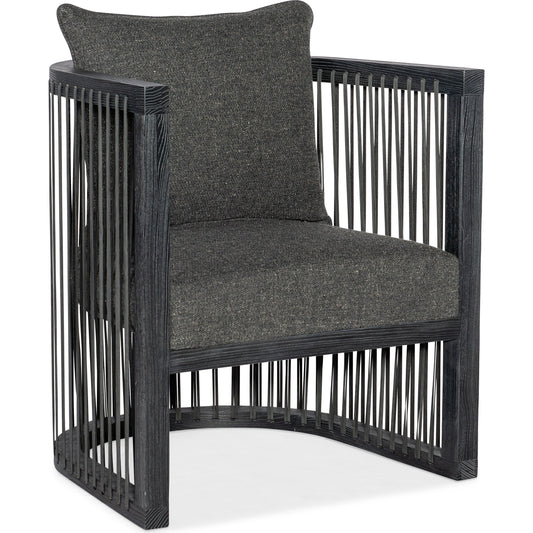 Wilde Club Chair by Hooker Furniture in lovegood kohl and charred black. Made from fabric, leather strapping in a modern style.