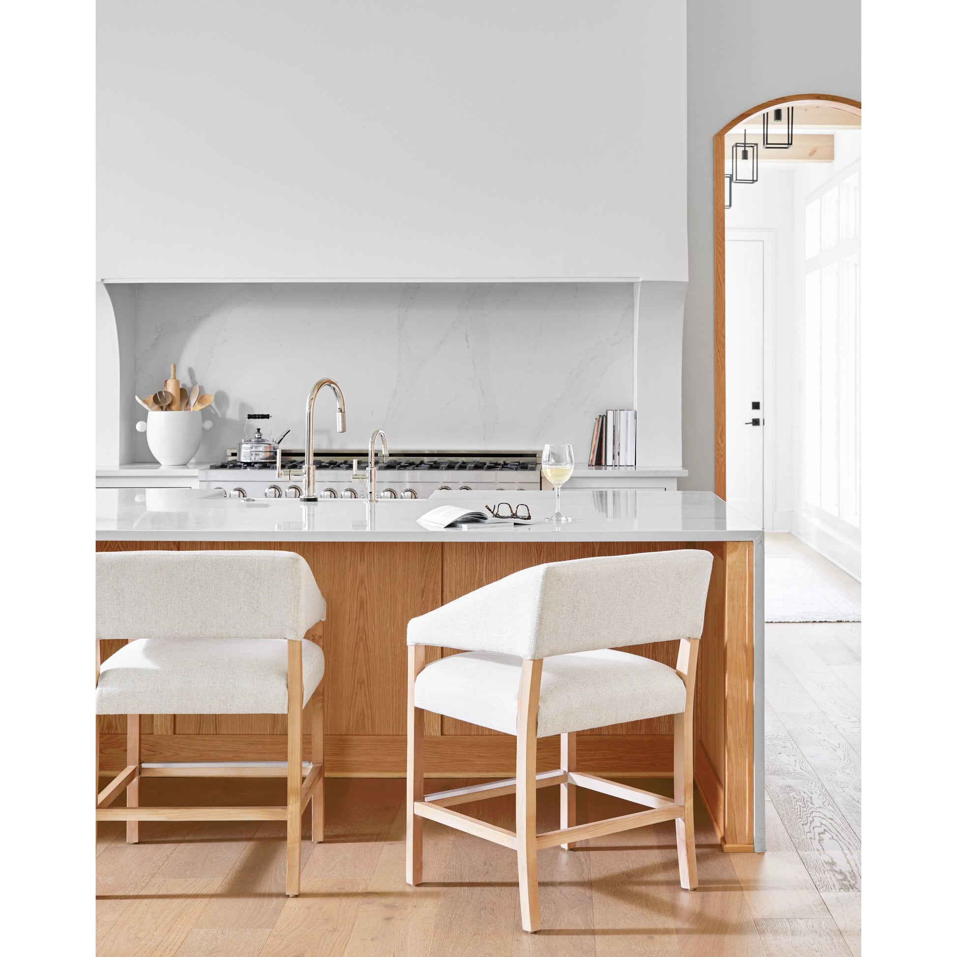 Grace Counter Stool - 497035 by Surya in cream, clear and wood finish. Made from upholstery: polyester, base: beech wood, fill: 100% polyurethane foam in a modern style.