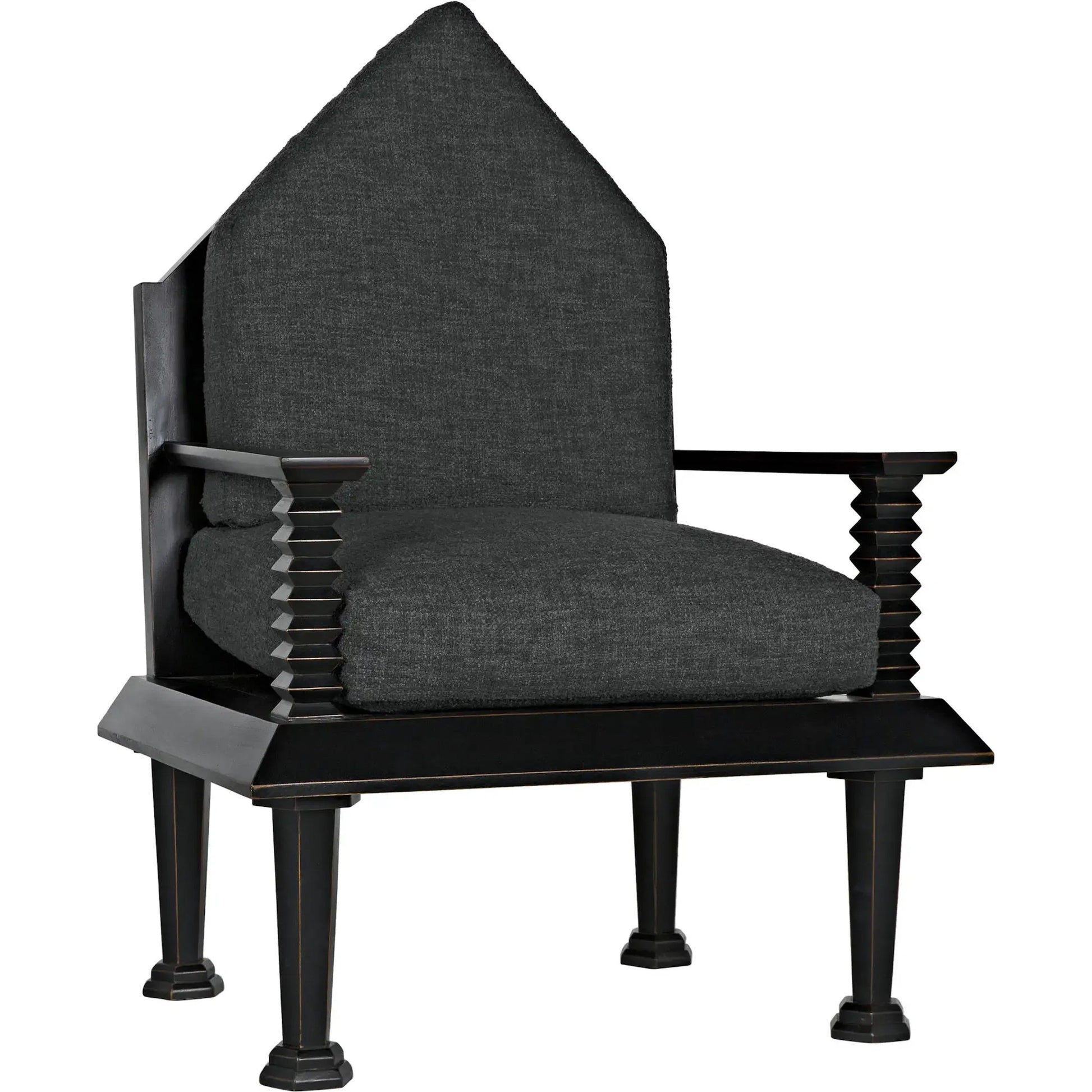 Resurrection Chair by Noir in hand rubbed black. Made from mahogany and grey fabric in a traditional style.