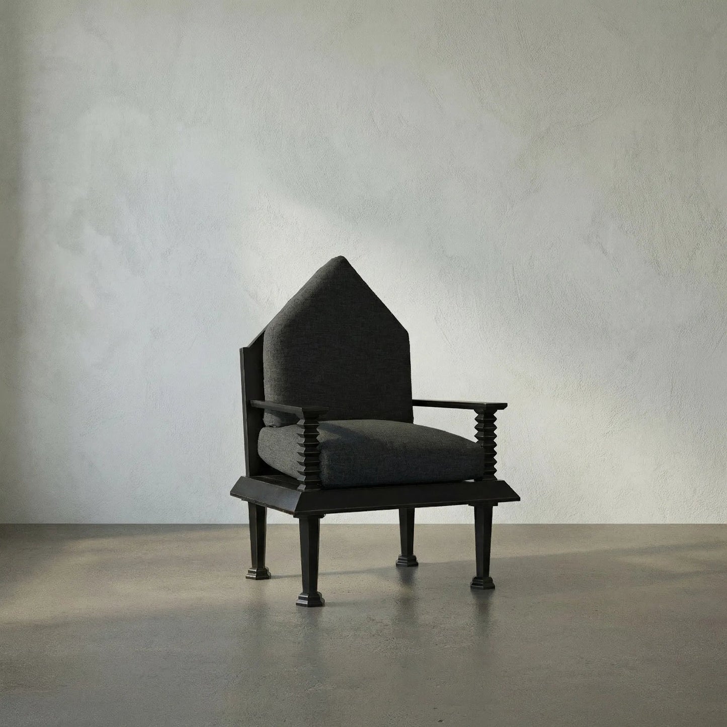 010 SI-1956999 | Lifestyle | Resurrection Chair by Noir in hand rubbed black. Made from mahogany and grey fabric in a traditional style.