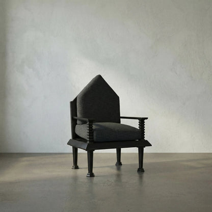 Resurrection Chair by Noir in hand rubbed black. Made from mahogany and grey fabric in a traditional style.