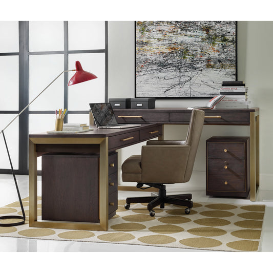 Curata Freestanding Desk by Hooker Furniture in midnight brown. Made from white oak veneers, metal in a unique style.