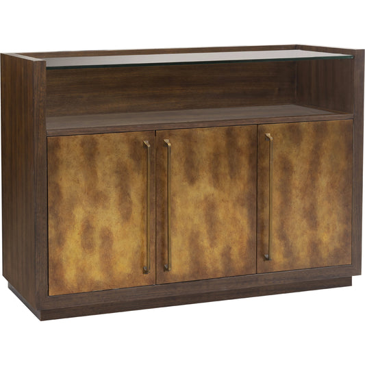 Three Door Copper Bar Cabinet by Pulaski Furniture in coffee bean brown. Made from rubberwood, mdf in a modern style.