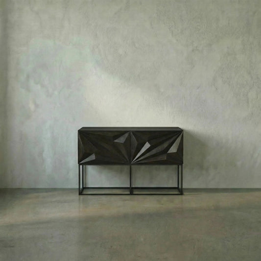 Small Zurich Console by Noir in ebony walnut. Made from walnut, industrial steel, veneer in a modern style.