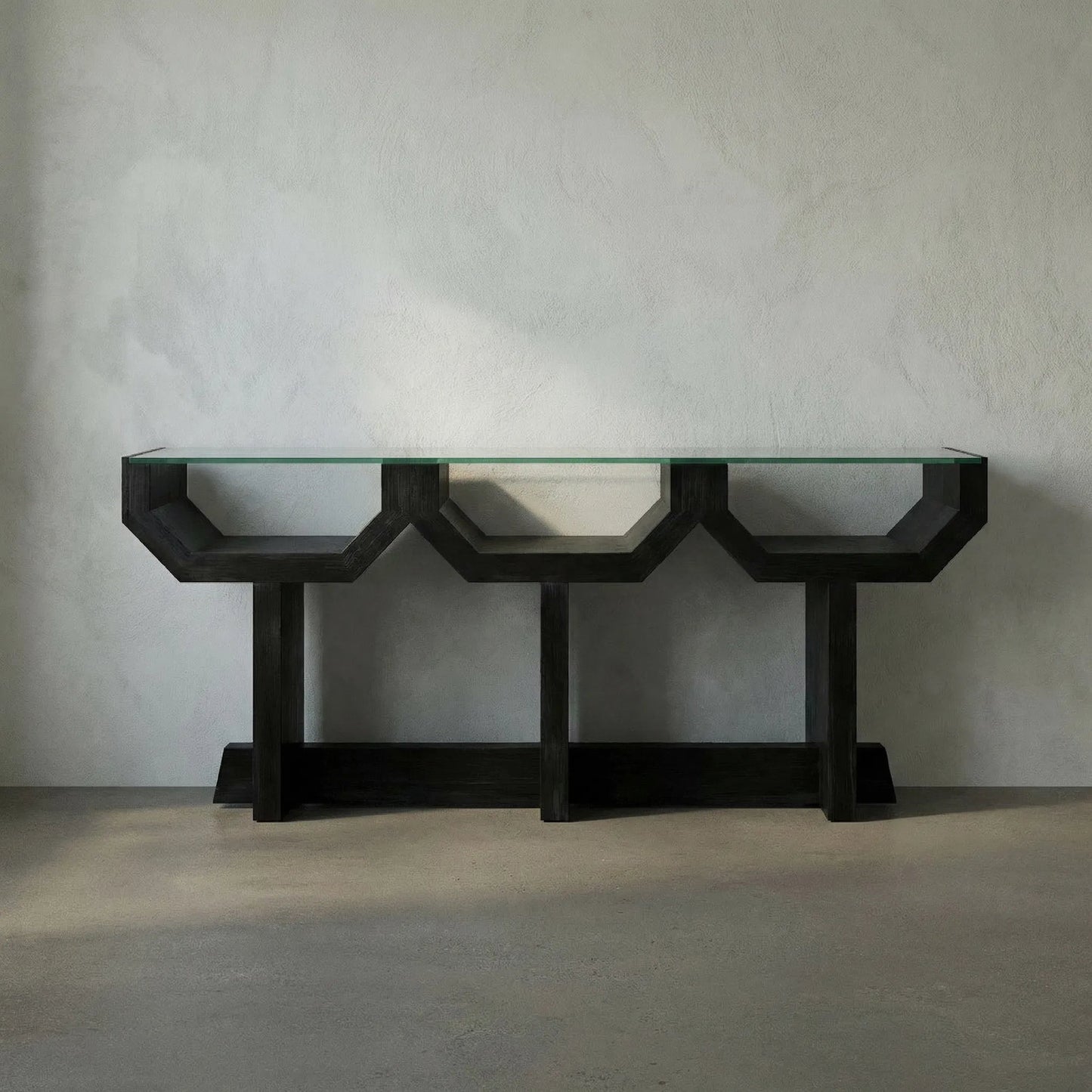 023 SI-1956789 | Lifestyle | Ando Console by Noir in hand rubbed black. Made from mahogany and glass in a modern style.