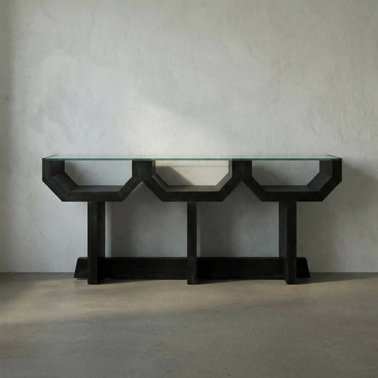 Ando Console by Noir in hand rubbed black. Made from mahogany and glass in a modern style.