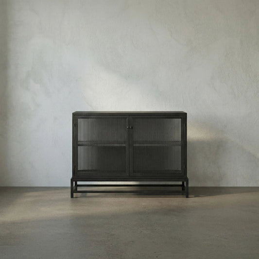 Chandler 2 Door Sideboard by Noir in matte black. Made from industrial steel and glass in a modern style.