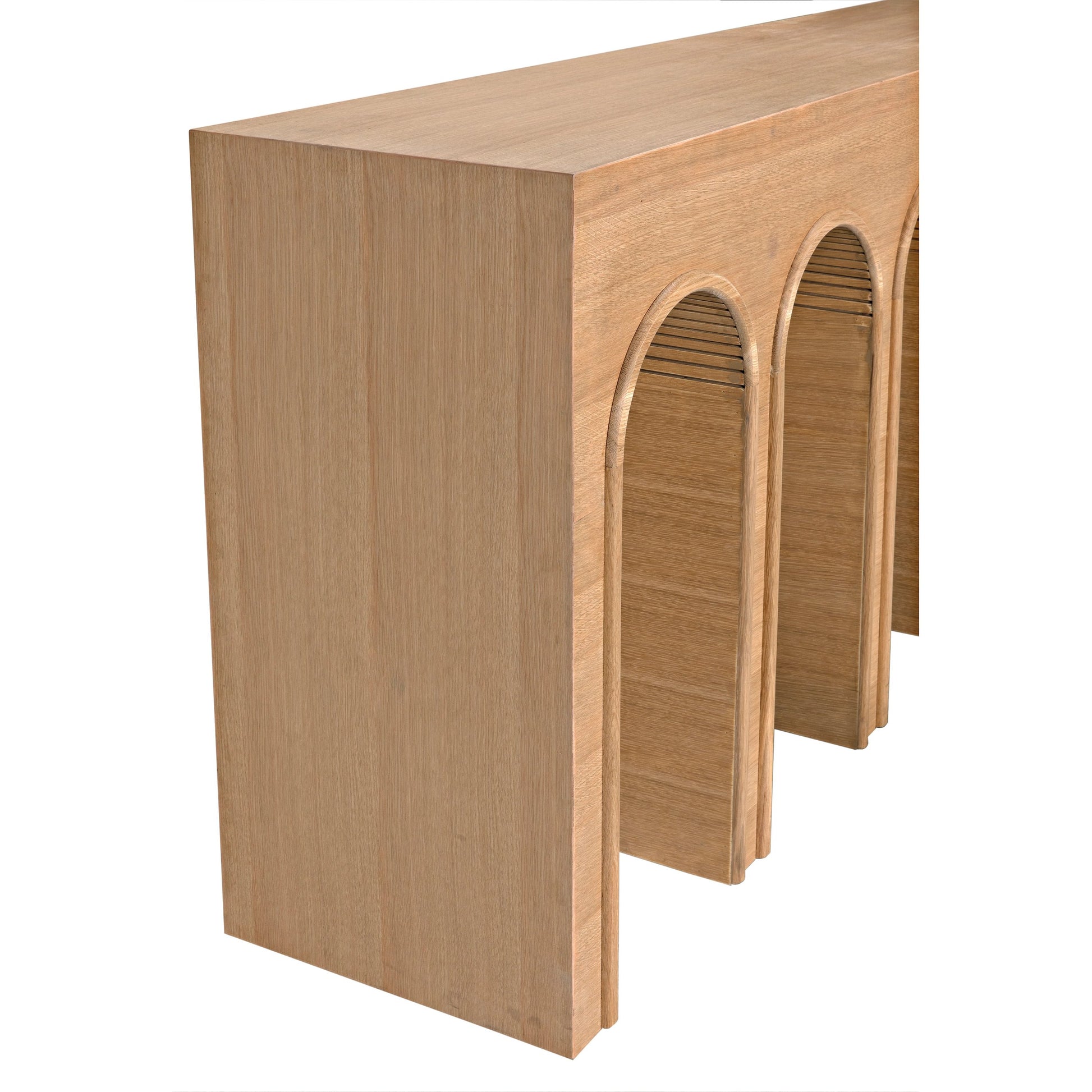 Enzo Console by Noir in natural, clear coat flat. Made from white oak in a modern style.