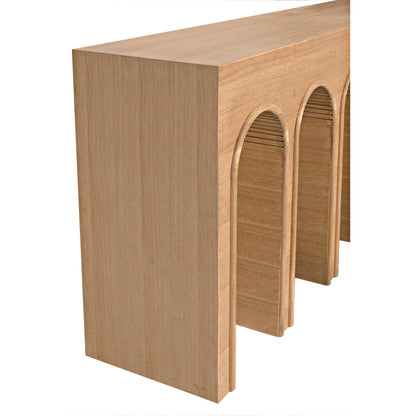 Enzo Console by Noir in natural, clear coat flat. Made from white oak in a modern style.