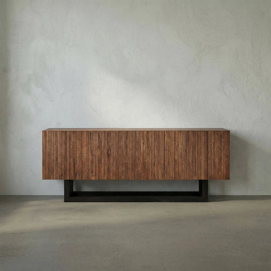 Thomson Sideboard by Noir in dark walnut with matte black. Made from walnut, veneer and industrial steel in a modern style.