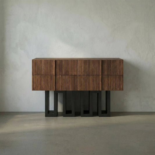 Nova Sideboard by Noir in dark walnut with matte black. Made from walnut and industrial steel in a eclectic & global style.