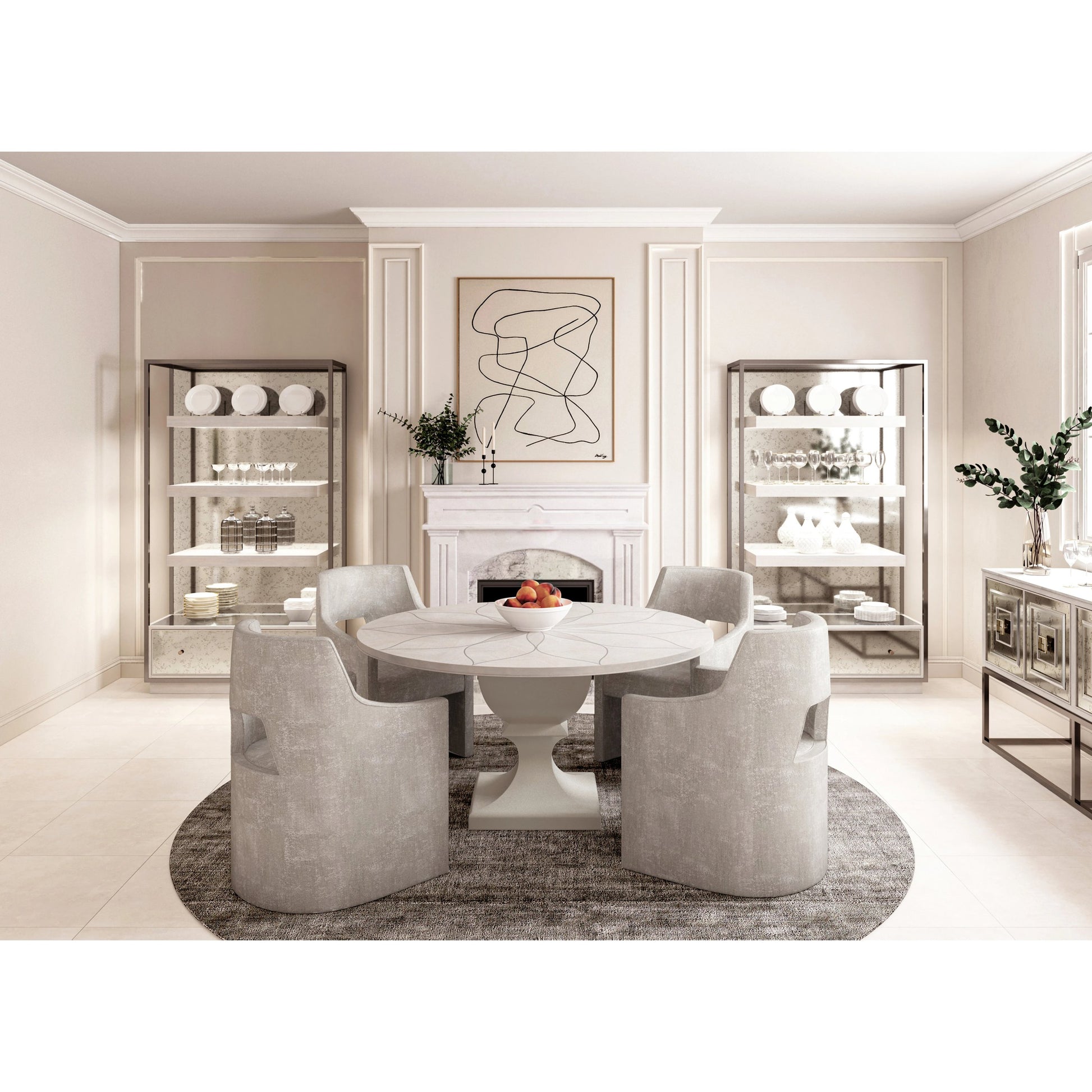 Mezzanine Etagere by A.R.T. Furniture in dove gray. Made from parawood, poplar solids, maple veneer, mirror, steel in a modern style.