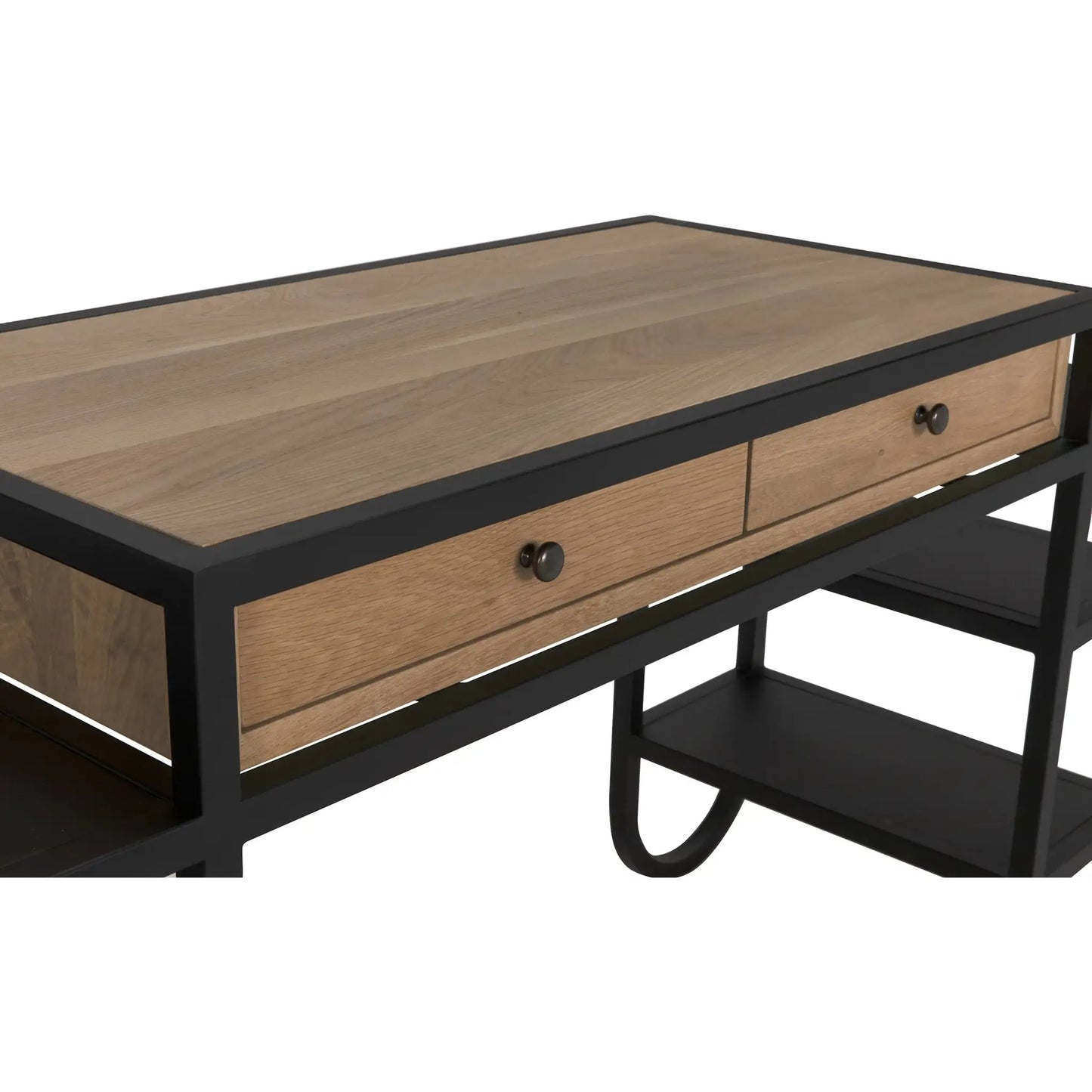 005 SI-2130222 | Closeup | Thomson Desk by Noir in matte black and natural oak. Made from industrial steel and white oak in a modern style.