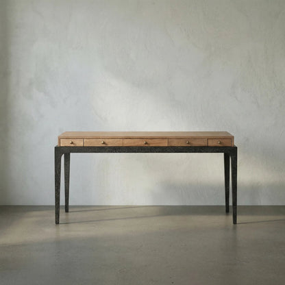 Memphis Desk by Noir in dark walnut, black walnut. Made from walnut, veneer, brass hardware in a transitional style.