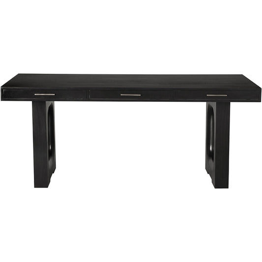 Kirk Desk by Noir in hand rubbed black. Made from mahogany, veneer, brass hardware in a unique style.