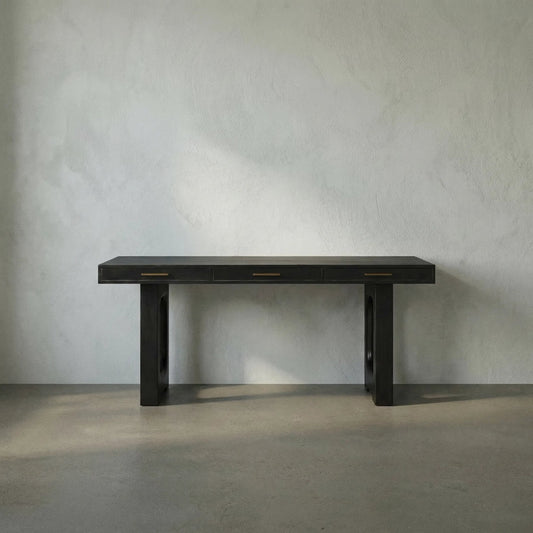 Kirk Desk by Noir in hand rubbed black. Made from mahogany, veneer, brass hardware in a modern style.
