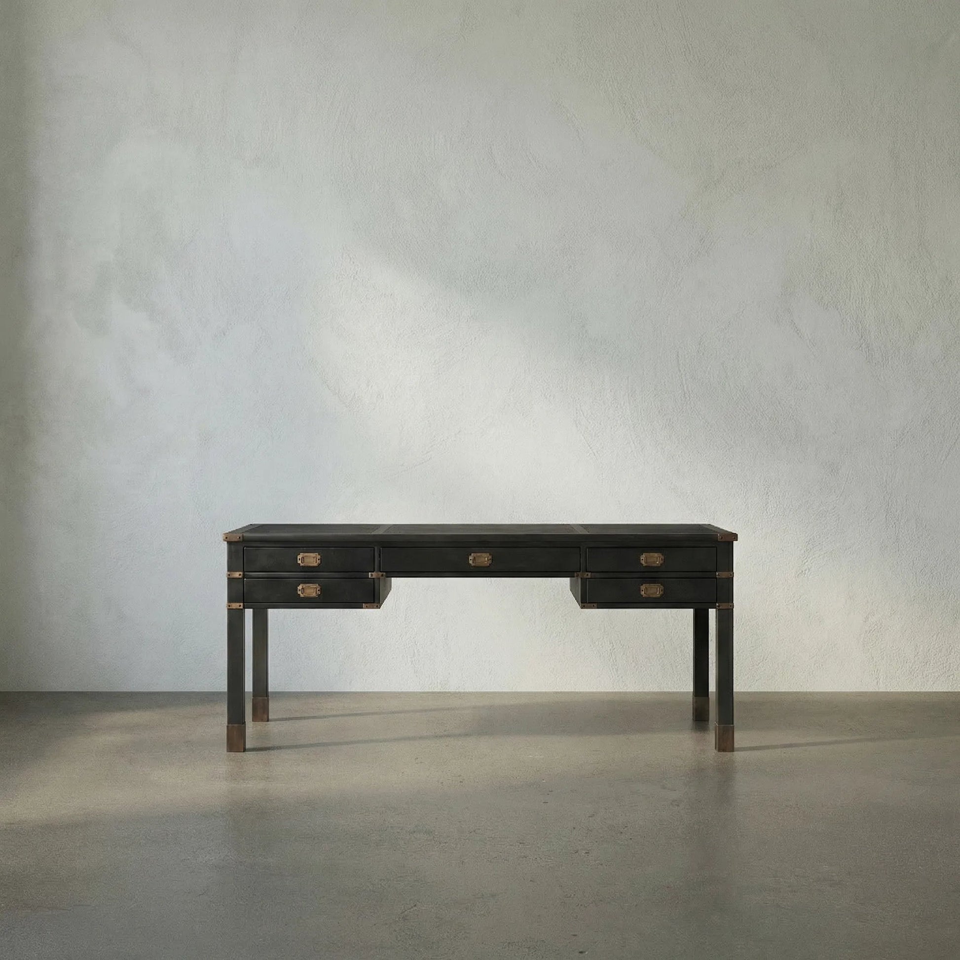 Campaign Partner Desk by Noir in pale. Made from mahogany, brass pulls, brass base legs, brass side plates in a traditional style.