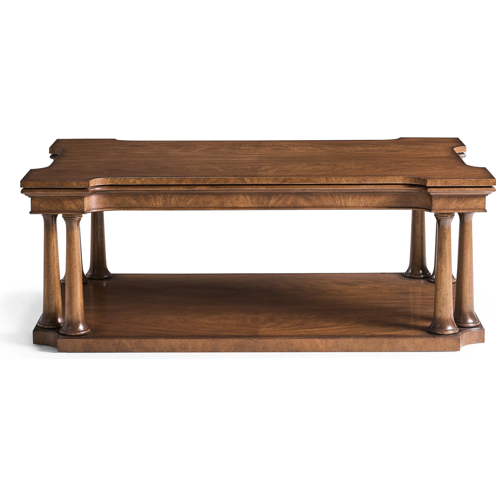 Hattie Cocktail Table by Jonathan Charles in medium crotch walnut. Made from main cerejeira veneer in a unique style.