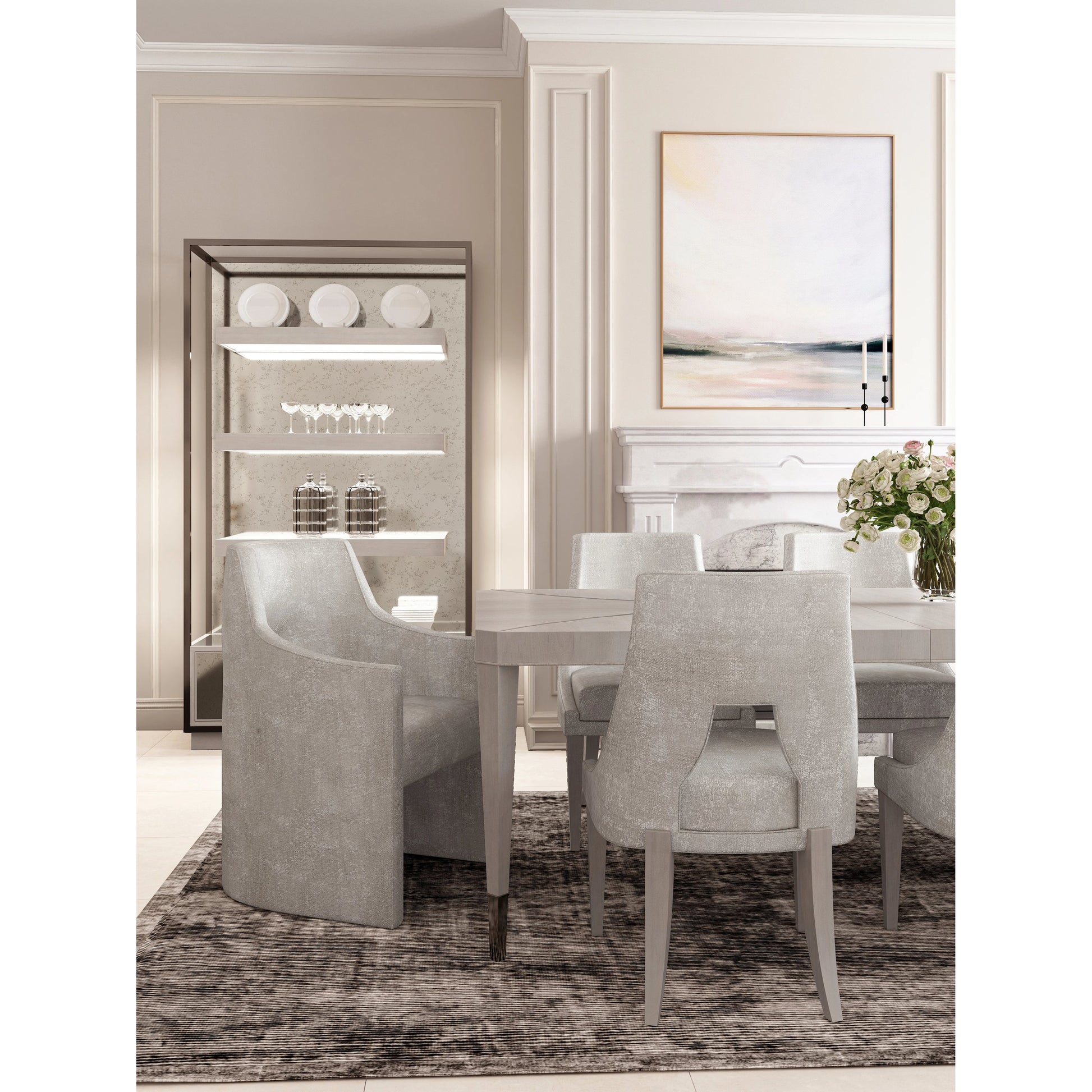 Mezzanine Etagere by A.R.T. Furniture in dove gray. Made from parawood, poplar solids, maple veneer, mirror, steel in a modern style.