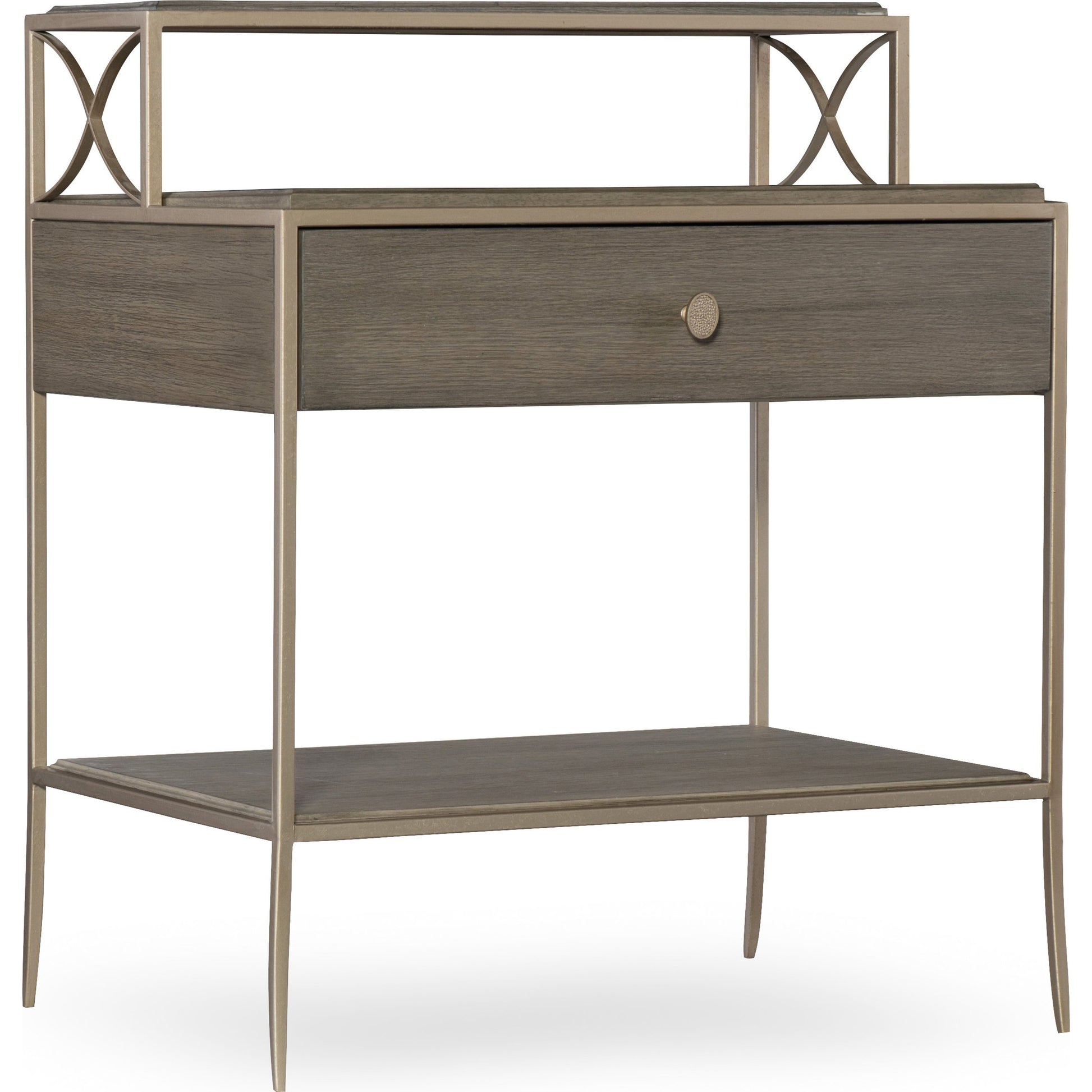 Elixir Nightstand by Hooker Furniture in champagne silver. Made from chinese walnut veneers, metal in a modern style.