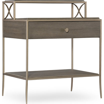 Elixir Nightstand by Hooker Furniture in champagne silver. Made from chinese walnut veneers, metal in a modern style.