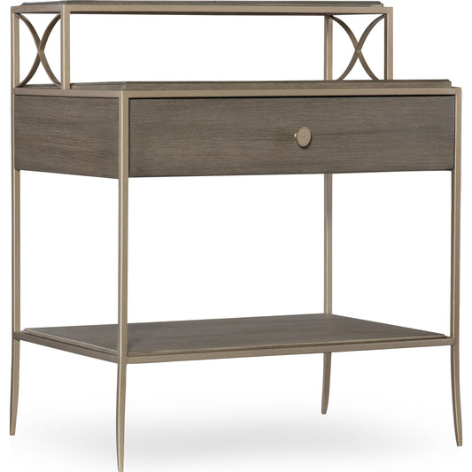 Elixir Nightstand by Hooker Furniture in champagne silver. Made from chinese walnut veneers, metal in a modern style.