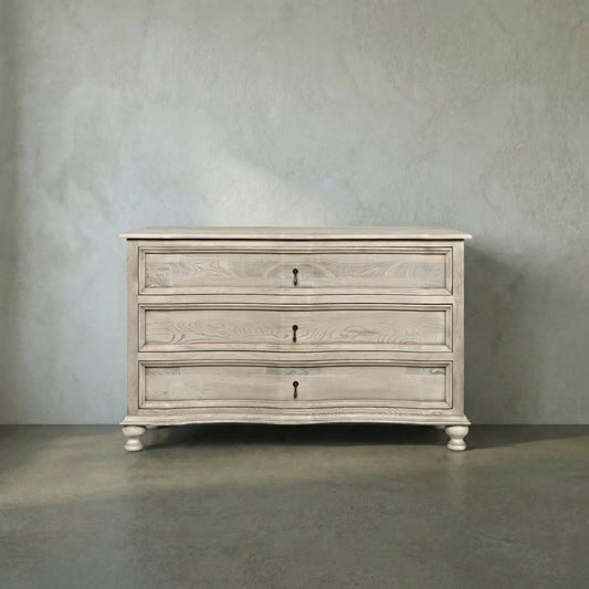 Curved Front Chest by Noir in vintage gray. Made from elm in a transitional style.