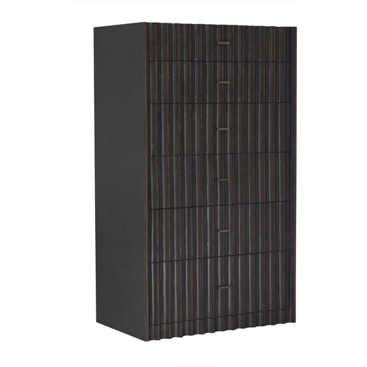 Izzy Tallboy by Noir in pale with light brown trim. Made from mahogany with brass pulls in a modern style.