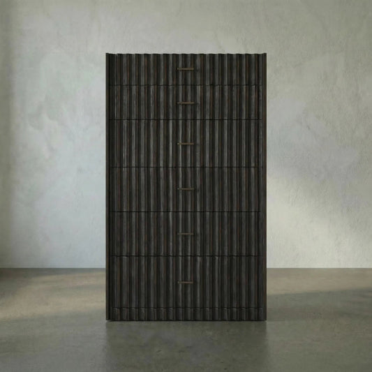 Izzy Tallboy by Noir in pale with light brown trim. Made from mahogany with brass pulls in a modern style.