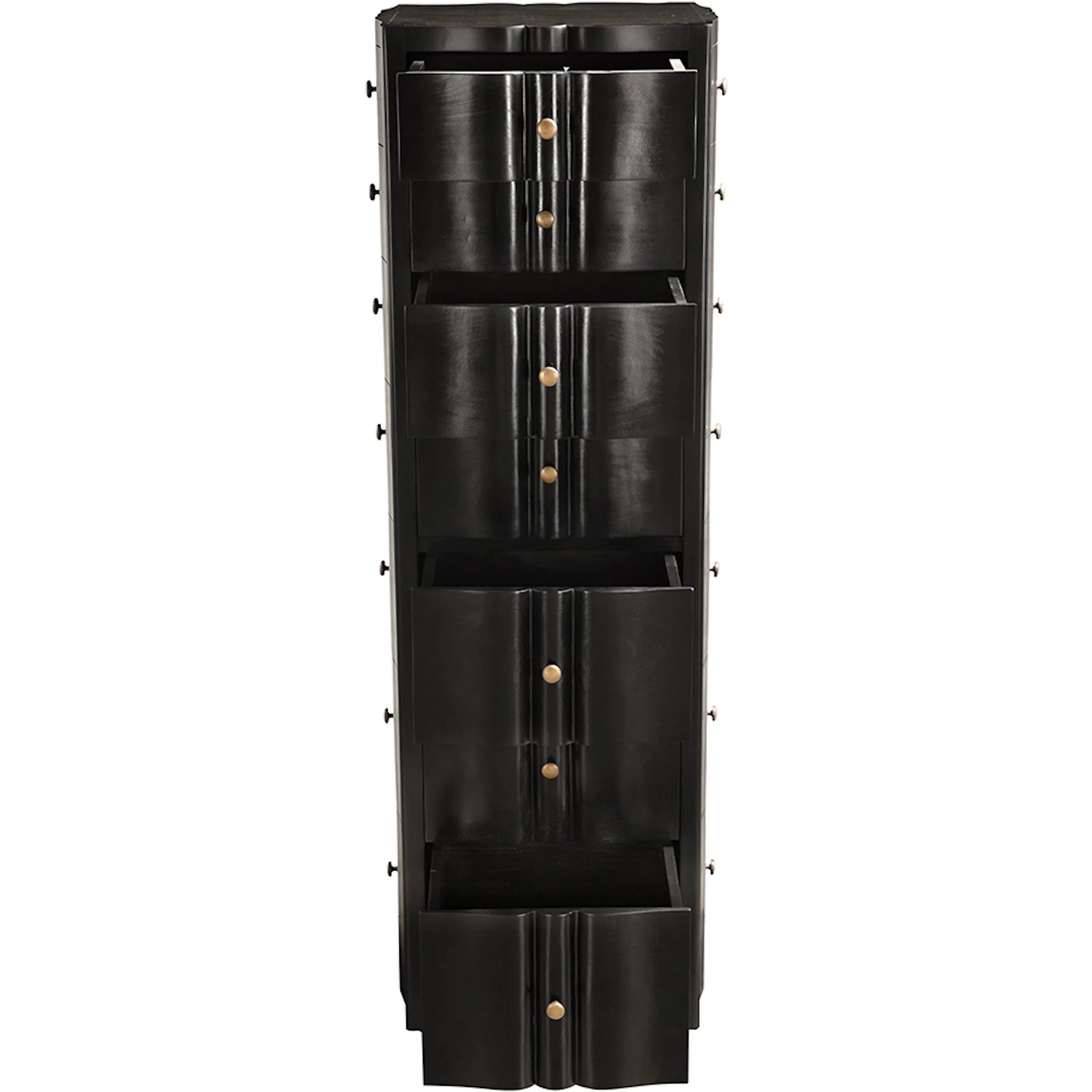 Monolith Four Sided Tower Chest by Noir in hand rubbed black. Made from mahogany, brass pull in a modern style.