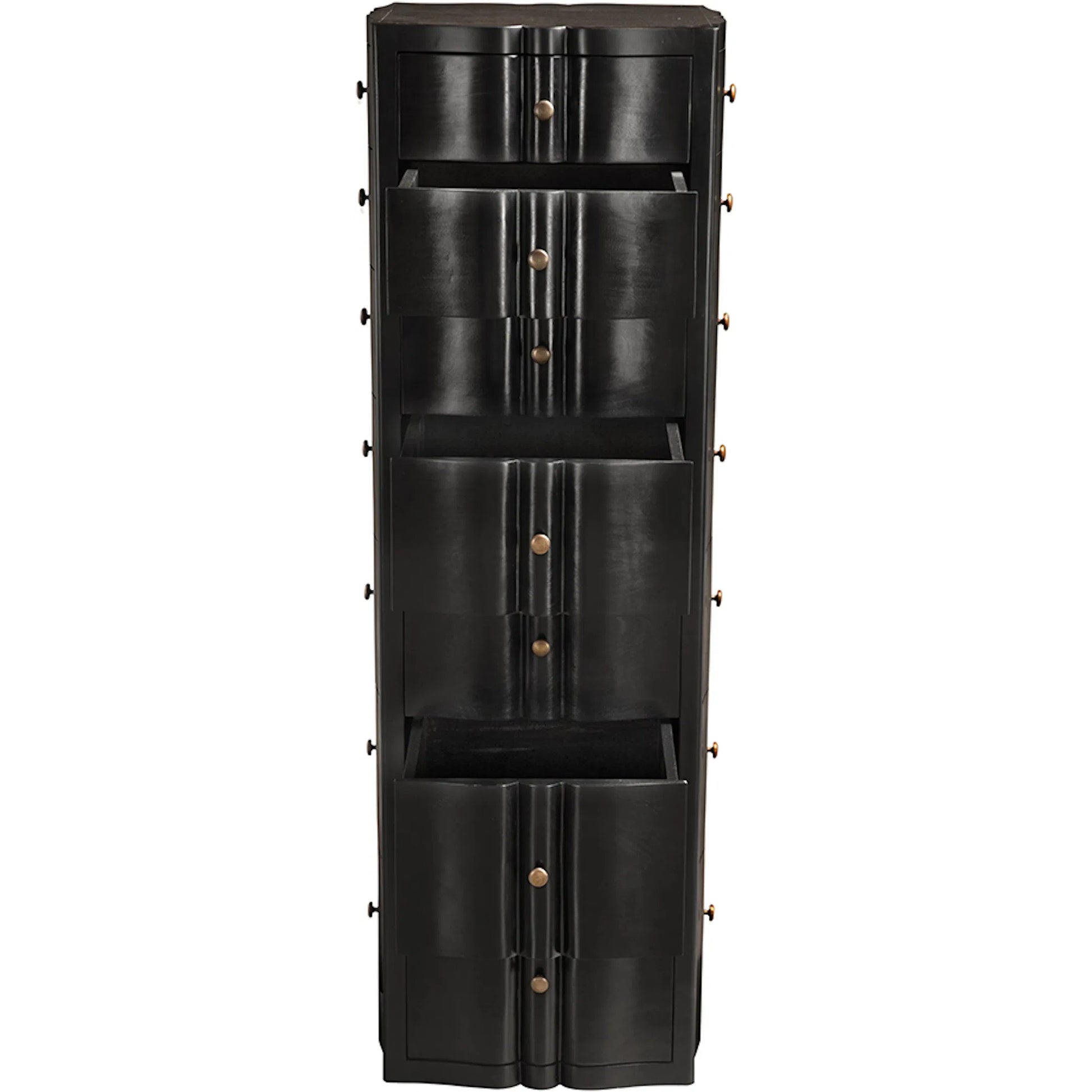 Monolith Four Sided Tower Chest by Noir in hand rubbed black. Made from mahogany, brass pull in a modern style.