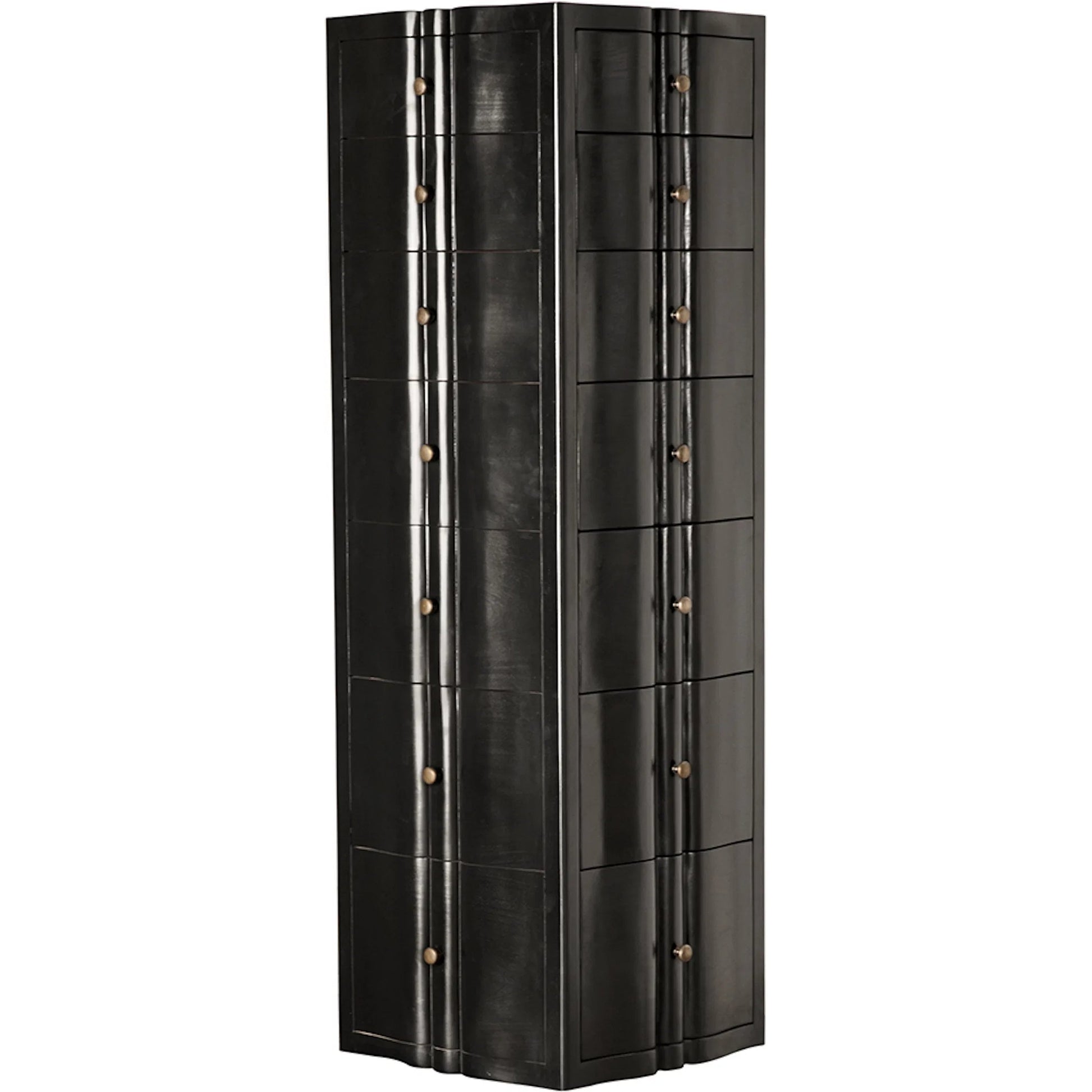 Monolith Four Sided Tower Chest by Noir in hand rubbed black. Made from mahogany, brass pull in a modern style.