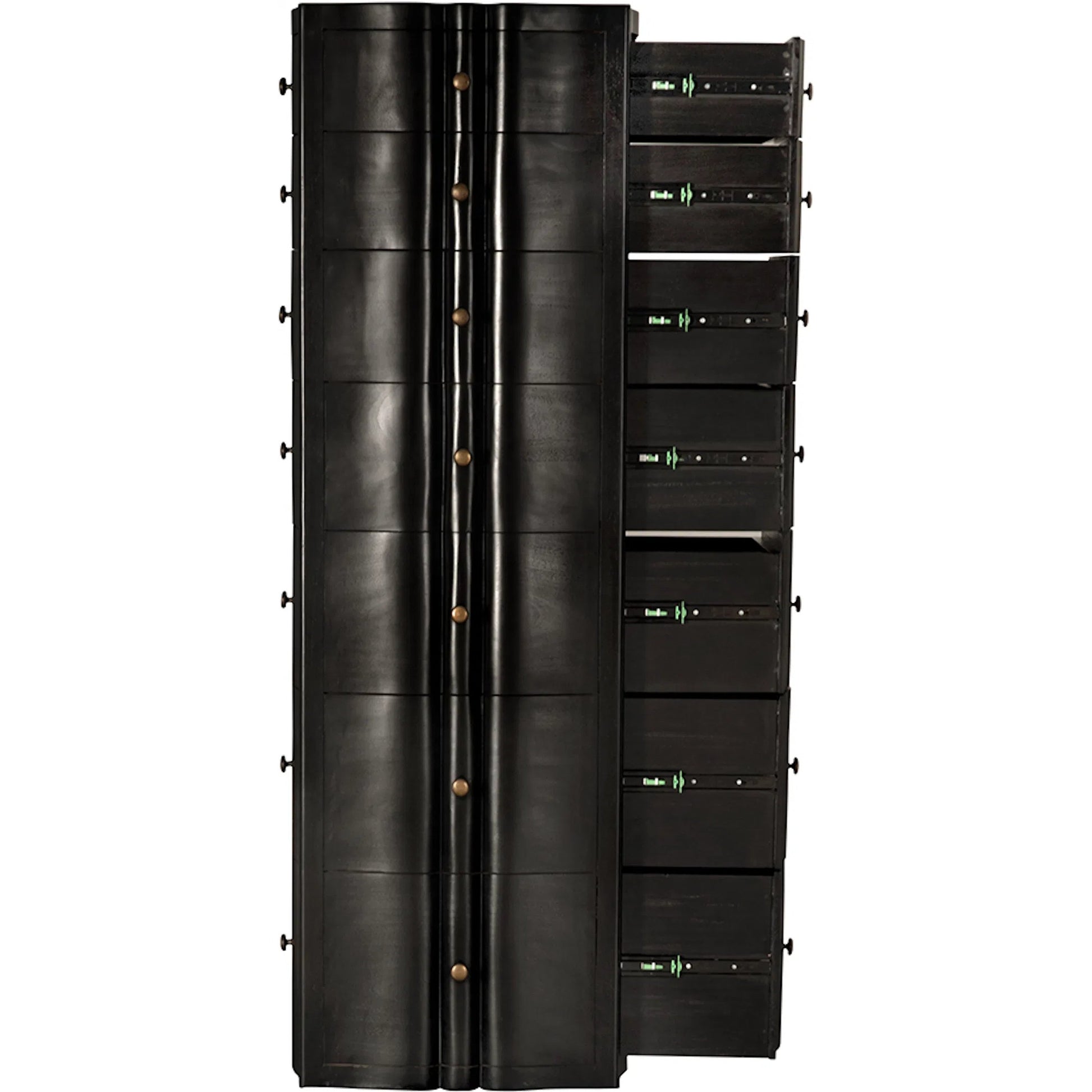 Monolith Four Sided Tower Chest by Noir in hand rubbed black. Made from mahogany, brass pull in a modern style.