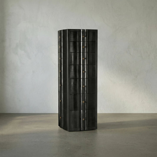 Monolith Four Sided Tower Chest by Noir in hand rubbed black. Made from mahogany, brass pull in a modern style.