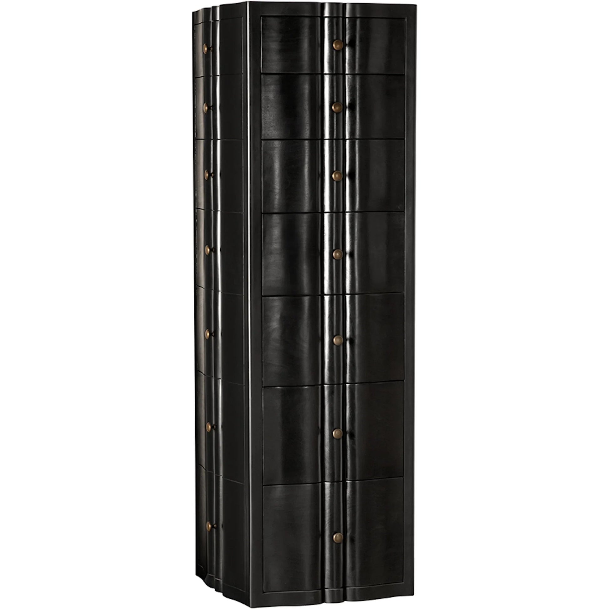 Monolith Four Sided Tower Chest by Noir in hand rubbed black. Made from mahogany, brass pull in a modern style.